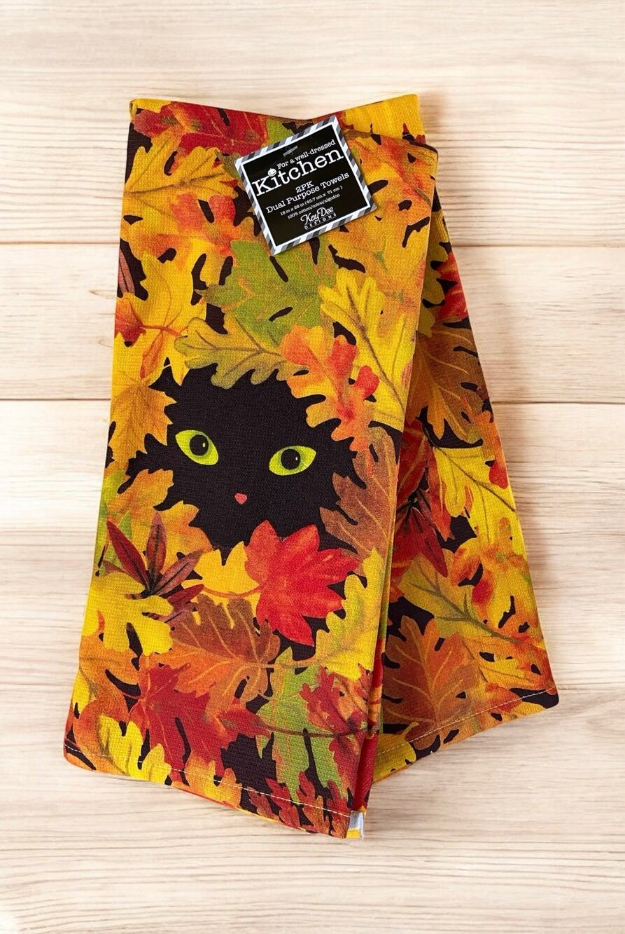 NEW Black Cat Autumn Green & Orange Fall Leaves Cats Kitten Kitchen 2 Towel Set